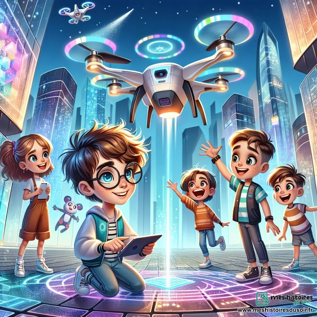 Milo, un garçon de dix ans avec des cheveux en désordre et des lunettes rondes, admire un drone dans les airs. À sa droite, Clara, une fille aux cheveux châtains, tient une tablette interactive pour programmer le drone. À gauche, Léo, aux boucles brunes, sourit en montrant un hologramme coloré. Yan, un garçon aux cheveux courts, fait une blague qui fait rire les autres. Le décor est une place futuriste de Néotropolis avec des pavés lumineux et des gratte-ciels en verre. Les enfants sont en quête d'un cube magique, résolvant des énigmes technologiques avec excitation et curiosité.