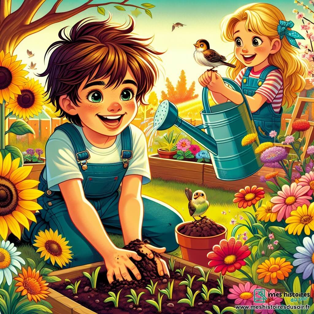 Un garçon de 12 ans, Simon, est accroupi dans un jardin coloré, les mains pleines de terre, en train de planter des graines. Il sourit avec enthousiasme, entouré de fleurs éclatantes. À ses côtés, Léa, une fille de 11 ans, tient un arrosoir et l'observe avec admiration. Plus loin, Tom, un garçon de 12 ans, essaie de remettre un oisillon dans son nid. Le jardin est en pleine floraison, baigné de lumière dorée, avec des tournesols, des géraniums et des crocus. Simon, Léa et Tom partagent des rires et prennent soin de la nature, découvrant la magie du printemps ensemble.