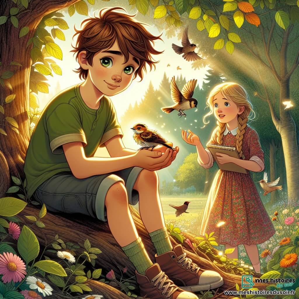 Maxime, un garçon de 9 ans aux cheveux châtains en bataille et aux yeux curieux, est assis sur un tronc d'arbre avec un petit oiseau blessé dans les mains. Il montre de la douceur et de la détermination, vêtu d'un t-shirt vert et d'un short en denim, entouré de feuilles et de fleurs. À proximité, Clara, une fille de 8 ans aux cheveux blonds tressés et au sourire chaleureux, l'observe avec admiration, carnet de croquis en main, vêtue d'une robe à motifs floraux. La scène se déroule dans une forêt verdoyante, éclairée par la lumière dorée du soleil, avec des oiseaux chantant et des fleurs colorées. Maxime soigne l'oiseau, tandis que Clara prend des notes sur la beauté de la nature et l'importance de protéger les animaux.