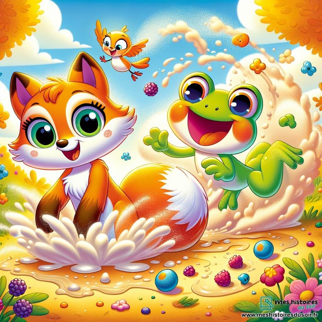 Un renard orange nommé Roxy, avec une fourrure brillante et une grande queue douce, se tient au centre de la scène, surpris et amusé, entouré de nuages de farine. À sa droite, une grenouille verte nommée Gigi, avec de grands yeux et un sourire malicieux, saute joyeusement en éclaboussant des baies colorées. À sa gauche, un petit oiseau bleu appelé Petit Chou vole en cercles au-dessus de Roxy, riant de la situation. La scène se déroule dans une clairière ensoleillée, avec des arbres aux feuilles dorées et des fleurs éclatantes, créant une ambiance joyeuse. Roxy, en préparant un gâteau, a provoqué une explosion de farine et de baies, transformant la clairière en un festival de rires et de couleurs.