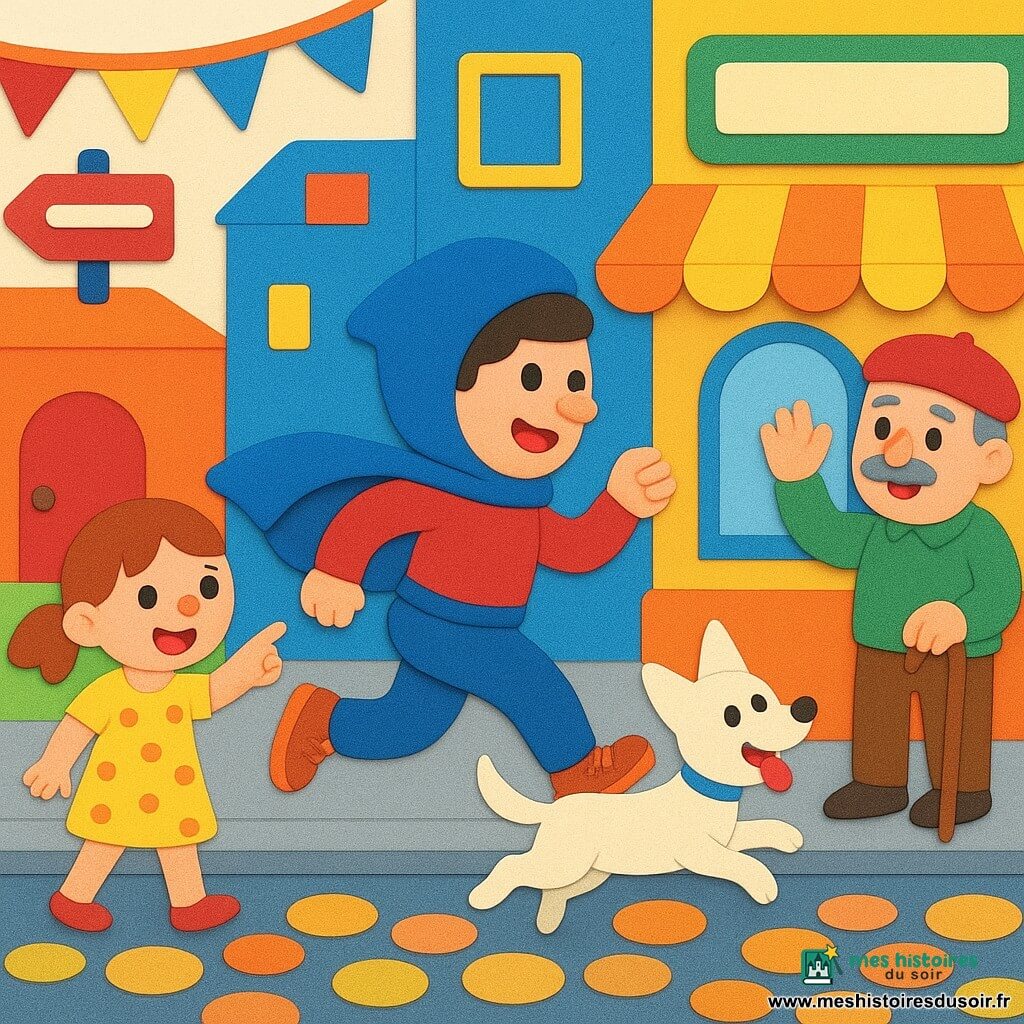 Super-Capuche, homme surpris et hilare en grande capuche bleue, veste courte et cape coincée à la ceinture, court en criant « Houp-là ! » pendant que des panneaux de rue changent seuls et créent un chaos comique ; une fillette de six ans en robe jaune à pois rit en pointant, un vieil homme moustachu avec canne et béret rouge salue depuis la boulangerie, et un petit chien blanc bondit autour, le tout sur une rue pavée colorée aux façades vives et guirlandes.
