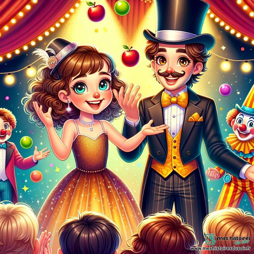 Clara, une fille de 11 ans aux cheveux bouclés châtaigne et aux yeux curieux, se tient sur scène, souriante, vêtue d'une robe scintillante et d'un chapeau de magicien. Elle jongle avec des pommes, pleine d'enthousiasme. À ses côtés, Alonzo, un homme élégant d'environ 40 ans avec une moustache et un chapeau haut de forme, l'observe avec un sourire complice. Un peu en arrière, Bobo, un clown joyeux d'environ 30 ans avec un nez rouge, jongle avec des balles multicolores. La scène se déroule sous un chapiteau de cirque rouge et jaune, illuminé par des guirlandes scintillantes, avec un public riant et applaudissant, des confettis flottant dans l'air. Clara, joyeuse et nerveuse, réalise son premier tour de magie, et un énorme gâteau au chocolat apparaît à la place d'un éléphant, provoquant l'hilarité générale.