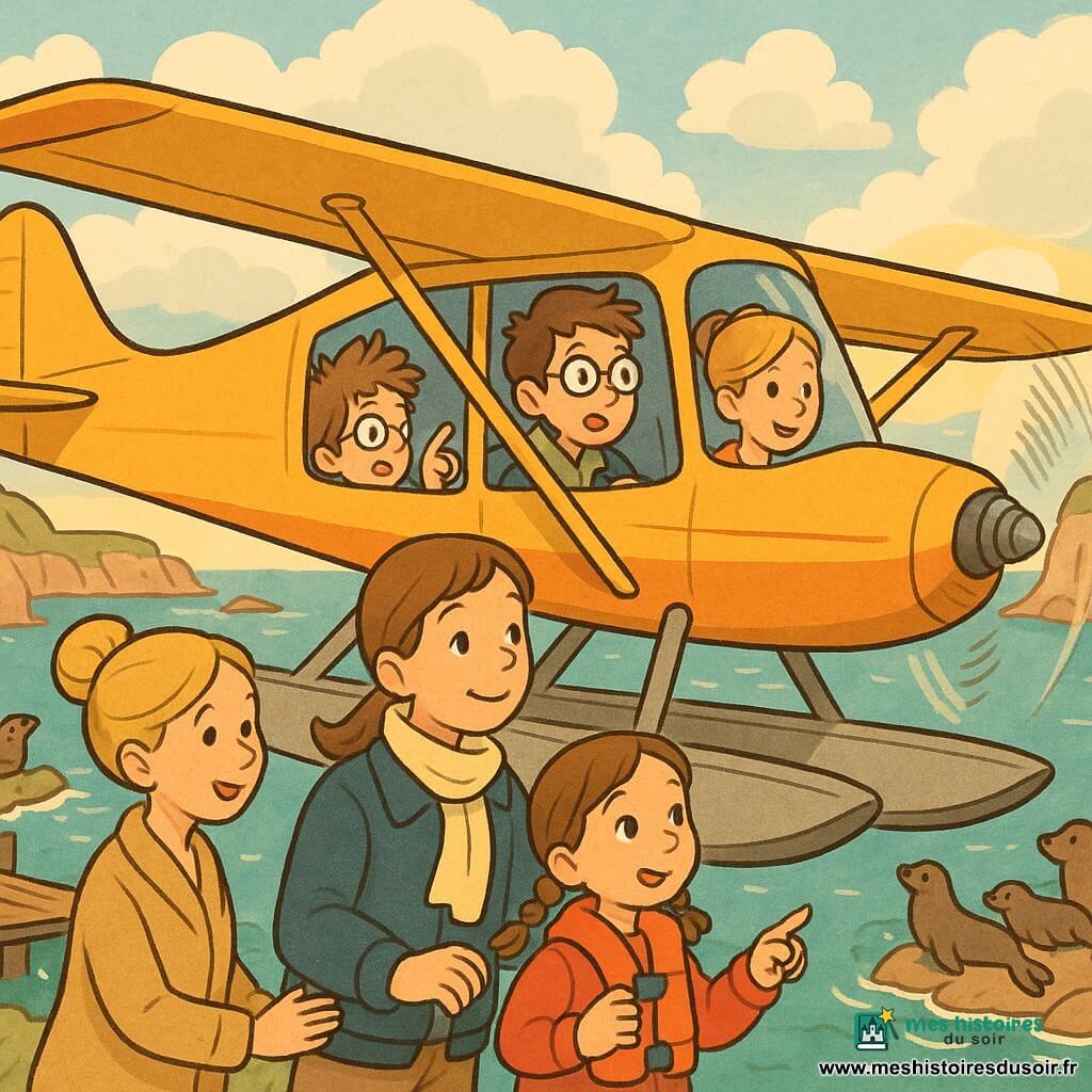 Jules, pilote souriant et serein au visage rond, lunettes fines et cheveux châtain courts, en veste de pilote bleue et écharpe beige, tient le manche de l’hydravion en regardant la mer ; une petite fille d’environ 6 ans aux tresses brunes et yeux émerveillés, veste rouge, serre une bouée de sauvetage en regardant par la fenêtre à côté de lui ; un garçon d’environ 9 ans, lunettes et cheveux en bataille, sac à dos kaki, pointe une famille de phoques à la surface derrière la fillette ; une femme adulte, mère, cheveux blonds en chignon et sourire rassuré, tient la main de la petite fille près de la porte ; décor : petit quai en bois, eau turquoise scintillante, falaises rocheuses et phoques sur les rochers, ciel lumineux avec nuages moutonneux et rayon de soleil doré ; scène : hydravion jaune en vol basse altitude au-dessus de la côte, atterrissage doux ou survol calme, mouvements légers, ambiance sécurisante, couleurs douces, contrastes lumineux, traits ronds et texture aquarelle.