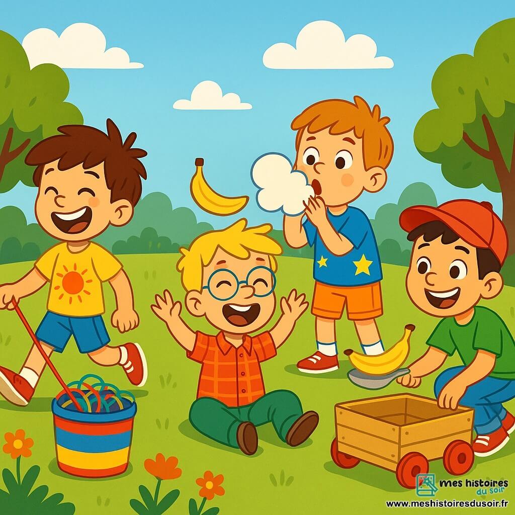 Quatre enfants jouent dans un parc ensoleillé. Max, 8 ans, a des cheveux bruns en bataille et porte un t-shirt jaune. Il tire un seau coloré rempli de ficelles en riant. Léo, 7 ans, avec des cheveux blonds et des lunettes rondes, est assis par terre avec une banane sur la tête. Timothée, 8 ans, a des cheveux châtains et souffle dans un carton en forme de nuage. Victor, 8 ans, porte une casquette rouge et est accroupi à côté d'un chariot fait maison avec une banane dans une cuillère. Tous s'amusent dans un grand espace herbeux, entourés de rires et de joie.