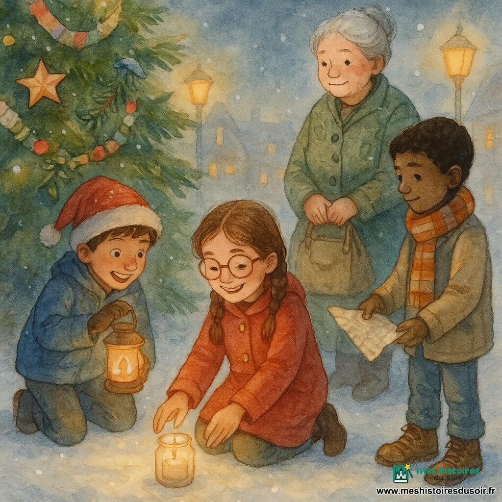 Lila agenouillée pose une petite bougie dans un bocal au pied d’un grand sapin décoré sur la place du village enneigée la nuit ; Tao, à gauche, protège la flamme avec un lampion, Amir, à droite, tend une carte froissée, Mme Rosa se tient derrière, fière, mains sur son sac, autour du sapin une couronne d’objets (étoile en papier, branche d’eucalyptus, tissu coloré, clochette), lampadaires jaunes et guirlandes multicolores diffusent une lumière chaude, atmosphère de partage aux reflets tremblants sur la neige, palette aquarelle aux tons chauds et pastel