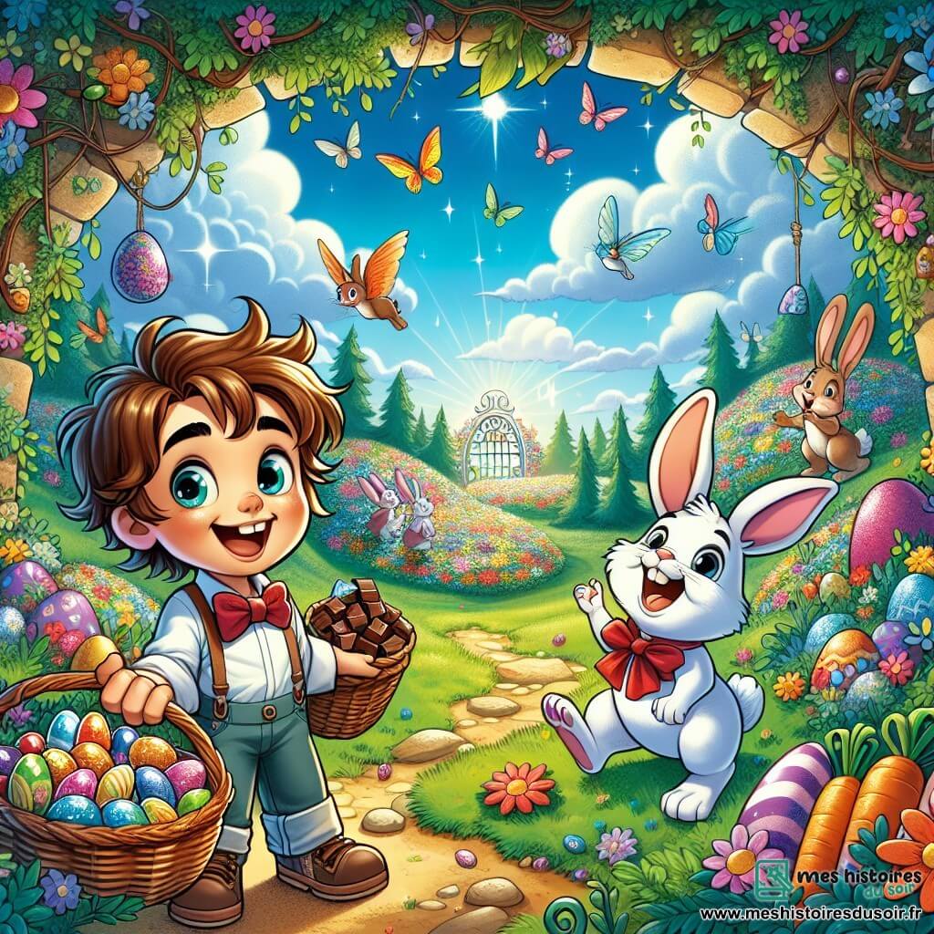 Un garçon de 8 ans, Hugo, avec des cheveux bruns en bataille et des yeux curieux, se tient au centre de l'image, tenant un panier rempli de chocolats et de bonbons. Il sourit, exprimant son excitation. À côté de lui, un grand lapin blanc avec un nœud papillon rouge se tient sur ses pattes arrière, pointant vers une porte cachée dans le sol. En arrière-plan, une clairière enchantée est peuplée de lapins colorés dansant autour de carottes scintillantes, sous un ciel bleu clair avec des nuages blancs. Des fleurs vives et des arbres verdoyants entourent la scène, créant une atmosphère magique. Hugo découvre la cachette secrète de Pâques, émerveillé par les trésors sucrés et les lapins dansants.