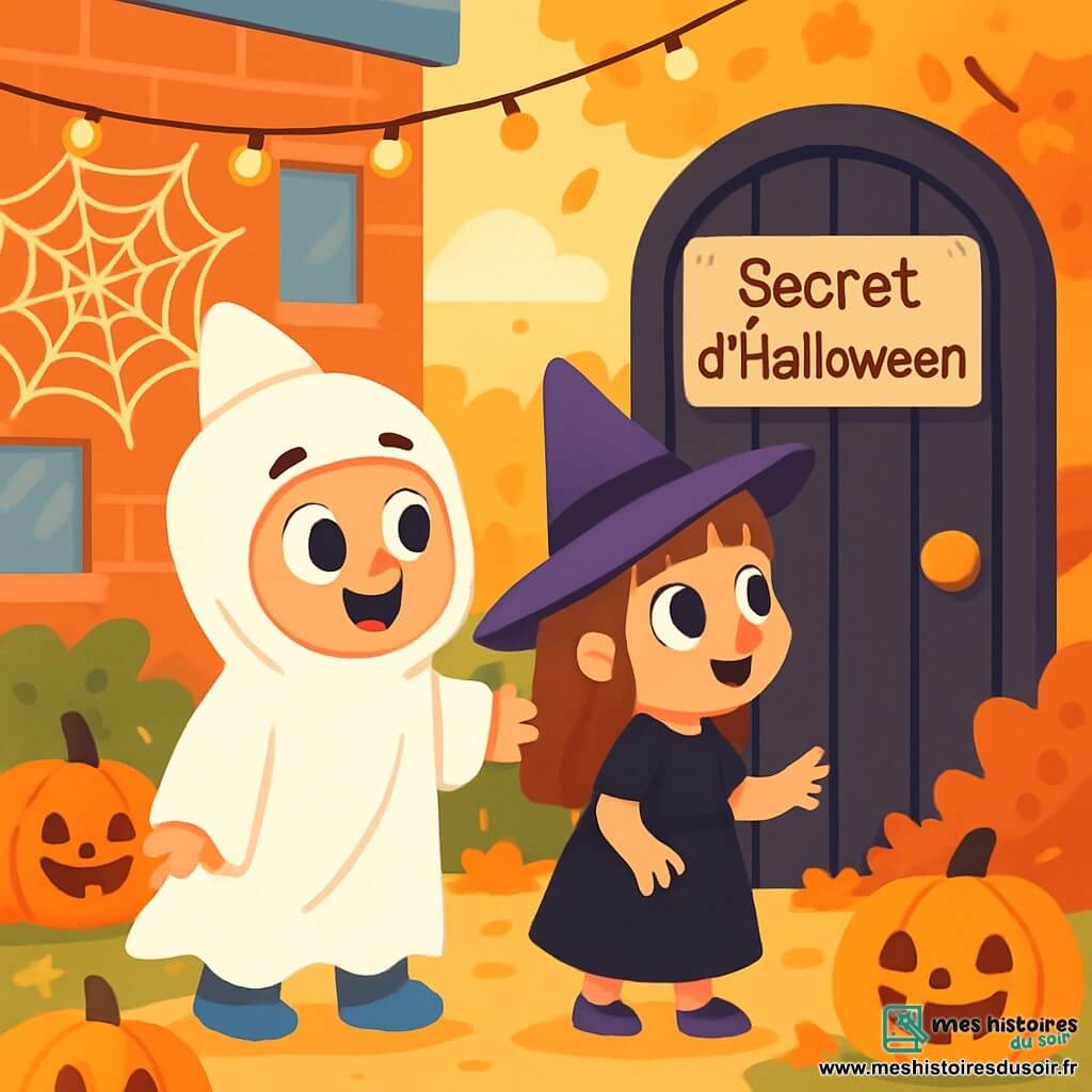 Léo, un petit garçon de 4 ans déguisé en fantôme avec un costume blanc et un masque souriant, est accompagné de sa meilleure amie Emma, également âgée de 4 ans, déguisée en sorcière. Ils regardent avec émerveillement une petite porte noire ornée d'un écriteau « Secret d'Halloween » dans une cour d'école décorée pour Halloween, avec des citrouilles, des toiles d'araignées et des lumières oranges. Ils sont prêts à ouvrir la porte, leurs visages illuminés par l'excitation de l'aventure.