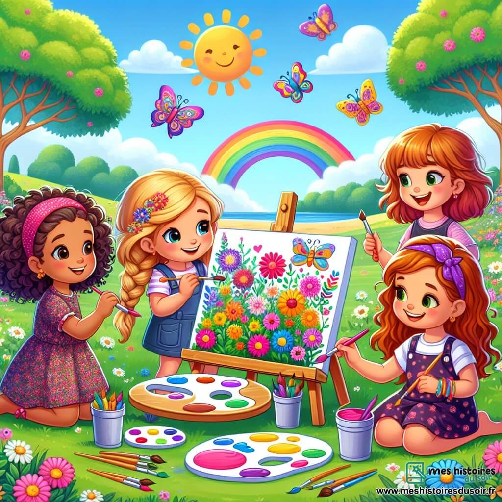Dans un parc ensoleillé, quatre petites filles, Lila, Zoé, Nina et Emma, se réunissent autour d'une table de peinture. Lila peint un champ de fleurs, Zoé dessine un arc-en-ciel, Nina s'amuse avec un papillon coloré et Emma crée un bateau sur une mer bleue. Le parc est verdoyant avec des arbres majestueux et des fleurs éclatantes. Au loin, des enfants jouent avec des cerfs-volants. Les amies, plongées dans leur activité artistique, rient et partagent des idées, symbolisant l'amitié et la magie des vacances d'été.