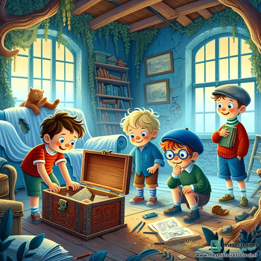 Quatre petits garçons de cinq ans, Pierre, Max, Louis et Tom, se trouvent dans une vieille maison abandonnée. Pierre, avec ses cheveux bruns et son t-shirt rouge, admire une boîte en bois sur une étagère. Max, blond avec une casquette bleue, fouille sous un canapé. Louis, portant des lunettes et un pull vert, feuillette un carnet de dessins, tandis que Tom, en short, montre un trou dans un chêne tordu à l'extérieur. La scène se déroule dans une maison aux murs bleus décolorés, avec des meubles recouverts de draps blancs, créant une ambiance mystérieuse. Les garçons découvrent une boîte remplie de lettres jaunies et de souvenirs, prêts à suivre des indices pour un secret plus grand.