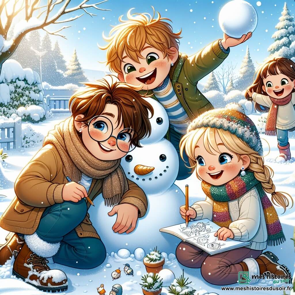 Dans un jardin enneigé, quatre amis s'amusent à créer un bonhomme de neige. Max, 10 ans, roule une grosse boule de neige avec un grand sourire. À côté, Emma, 9 ans, dessine des animaux de la forêt sur un carnet. Léo, 8 ans, lance une boule de neige en riant, prêt pour une bataille amicale. Chloé, 9 ans, tient une écharpe colorée pour le bonhomme de neige qu'ils viennent de construire. Le jardin est recouvert de neige scintillante, avec des arbres chargés de flocons et un ciel bleu clair. Les enfants collaborent joyeusement pour donner vie à leur bonhomme de neige, Bernard, partageant rires et histoires dans ce paysage hivernal enchanteur.