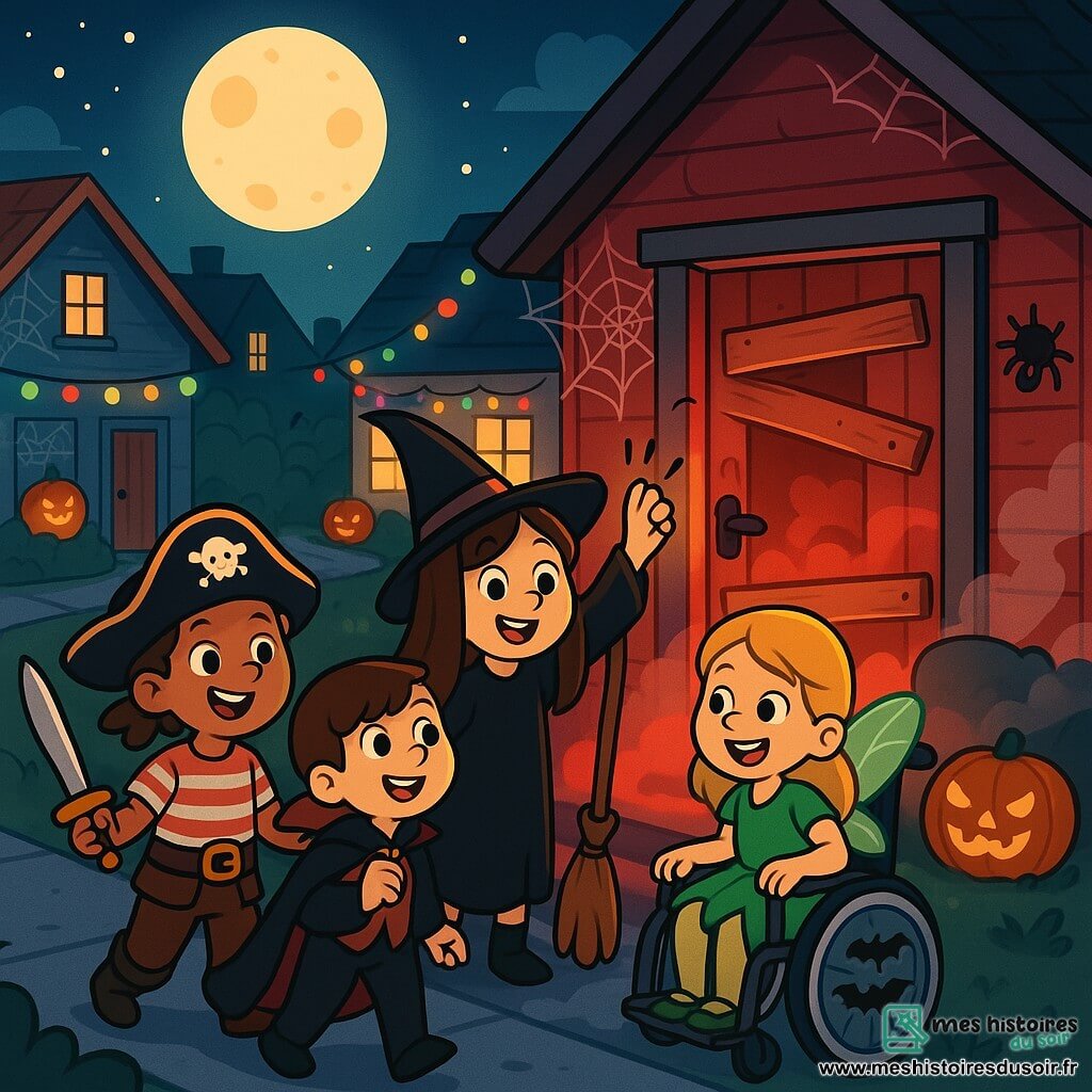 Quatre enfants se préparent pour Halloween : Clémentine, 7 ans, en sorcière avec un balai, souriante au centre ; Élodie, 8 ans, assise dans un fauteuil roulant décoré, en fée des bois, souriante ; Zoé, 7 ans, en pirate avec un faux sabre, prête à l'aventure à gauche de Clémentine ; Léa, 7 ans, en vampire avec une cape, souriante à droite de Clémentine. L'action se déroule dans une rue animée décorée pour Halloween, avec des maisons ornées de citrouilles et de lumières. Les amies frappent à la porte d'une maison effrayante pour résoudre une énigme et obtenir des bonbons, affichant excitation et courage.