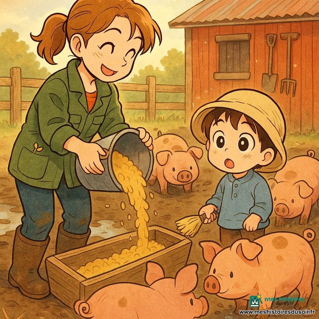 Femme agricultrice souriante aux cheveux châtain en queue de cheval, veste en toile verte et bottes boueuses versant un seau de nourriture dans des auges en bois, à côté de son fils Noé (environ 6 ans, bonnet trop grand) tenant une petite brosse et regardant des cochons roses et bruns fouillant la boue ; arrière-plan : cour de ferme matinale avec palissade usée et grange rouge, sol humide et flaques réfléchissantes, lumière douce du matin, petite graine brillante dans la poche de la femme comme symbole d’espoir, composition centrée en plan moyen, atmosphère calme et bienveillante, style manga pour enfants aux traits nets et couleurs vives.