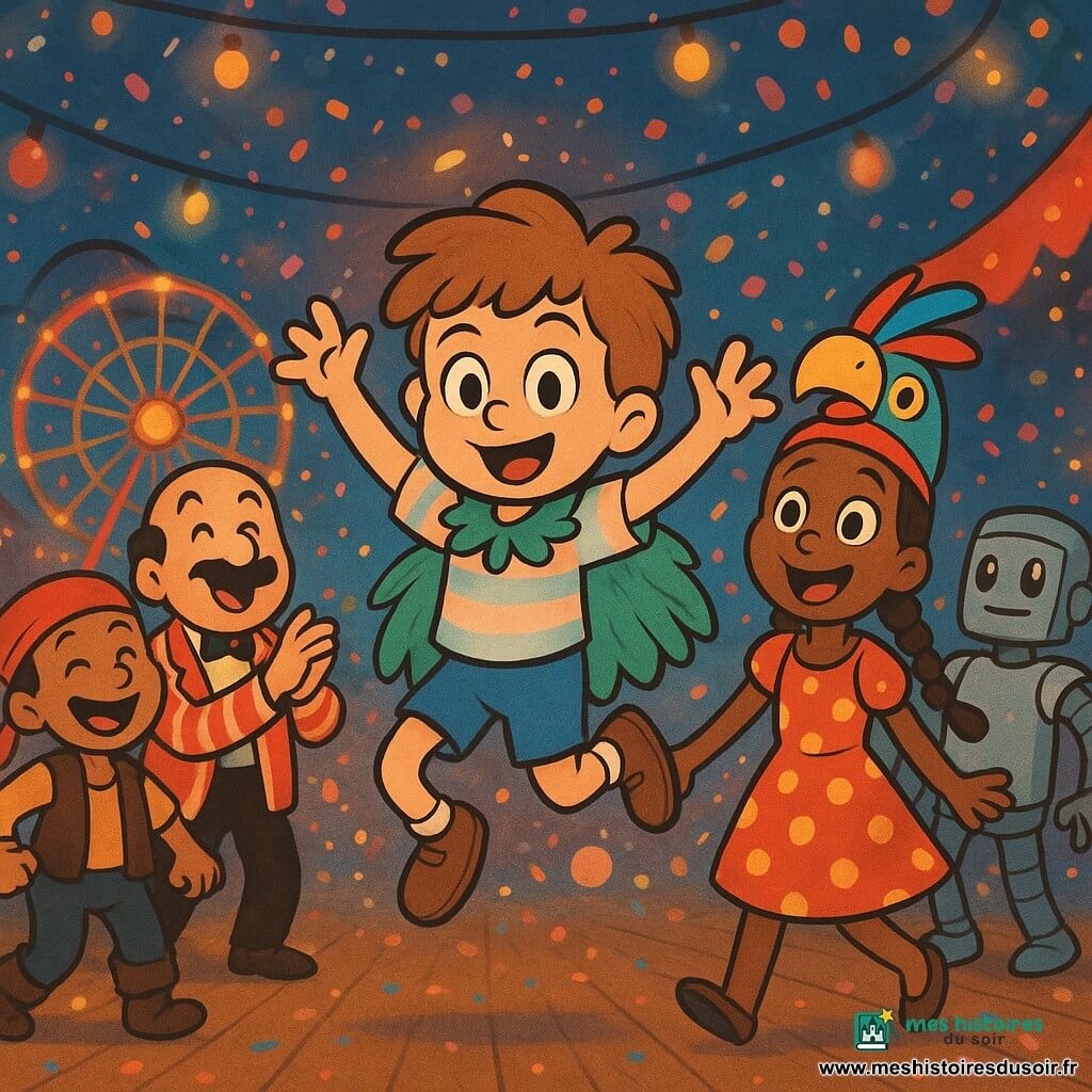 Lucas, garçon de 10 ans au visage rond et cheveux châtain clair en bataille, porte une chemise à rayures pastel, short bleu et petite cape verte en plumes; il est au centre, en plein saut joyeux, mains levées et pieds en l'air. À sa droite Mina (9 ans), cheveux tressés, chapeau de perroquet et robe à pois rouge et jaune, lui tient la main en souriant; à gauche un garçon déguisé en pirate rit et se prépare à tourner autour de Lucas; à l'arrière droite un garçon-costume robot à carapace argentée fait un pas hésitant; à l'arrière gauche Maestro Jo, petit et rond avec moustache fine et veste rayée rouge et blanche, applaudit et dirige la chorégraphie. La scène se déroule dans une fête foraine nocturne colorée (grande roue éclairée, lampions, guirlandes lumineuses, confettis rose-bleu-or, bulles pailletées, plancher en bois) durant la finale du défilé de carnaval, composition dynamique figée sur le saut de Lucas, lumières chaudes et ambiance joyeuse.