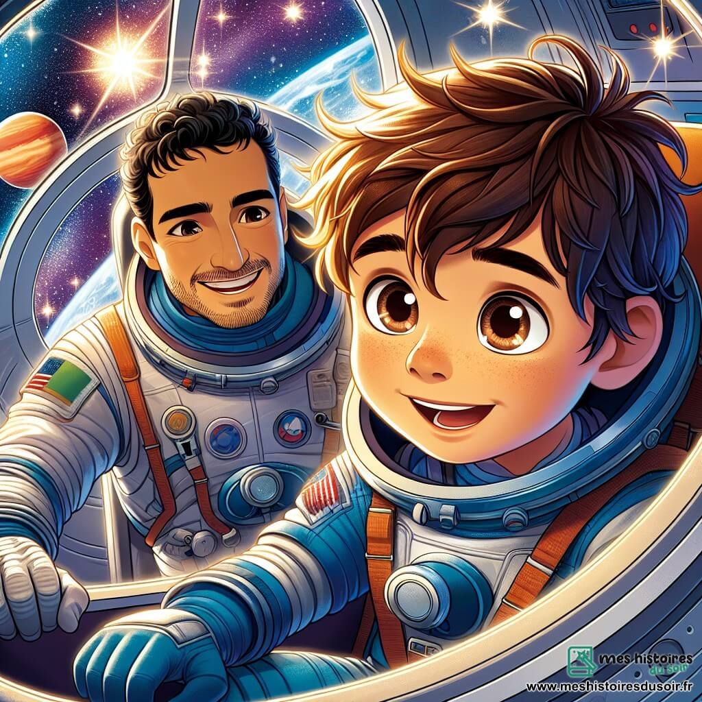 Un jeune garçon nommé Léo, âgé d'environ 10 ans, avec des cheveux bruns en bataille et des yeux pétillants de curiosité, flotte à l'intérieur d'une capsule spatiale argentée. Il porte une combinaison spatiale bleue un peu grande pour lui, et son visage exprime une immense joie face à l'inconnu. À ses côtés, l'astronaute Adrien, un homme d'une trentaine d'années, sourit chaleureusement. La capsule est entourée d'un panorama époustouflant de l'espace, avec des étoiles scintillantes et des planètes colorées, notamment Mars et Jupiter. Léo et Adrien naviguent à travers l'espace, émerveillés par la beauté des constellations et partagent des histoires sur l'univers et les aventures d'astronautes.