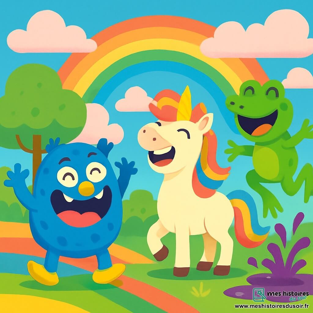 Un petit monstre bleu nommé Patachon, avec trois yeux pétillants et un nez en trompette, éclate de rire en faisant des grimaces. À côté de lui, Lili, une licorne arc-en-ciel, brille avec sa crinière colorée et se tient en riant. Gribouille, une grenouille géante en mousse, saute joyeusement, éclaboussant des flaques de jus de cassis. La scène se déroule dans la Vallée des Chamallows Arc-en-ciel, avec des arbres en guimauve et un sol recouvert de gelée multicolore. Patachon, Lili et Gribouille s'amusent ensemble, créant une ambiance joyeuse et festive.