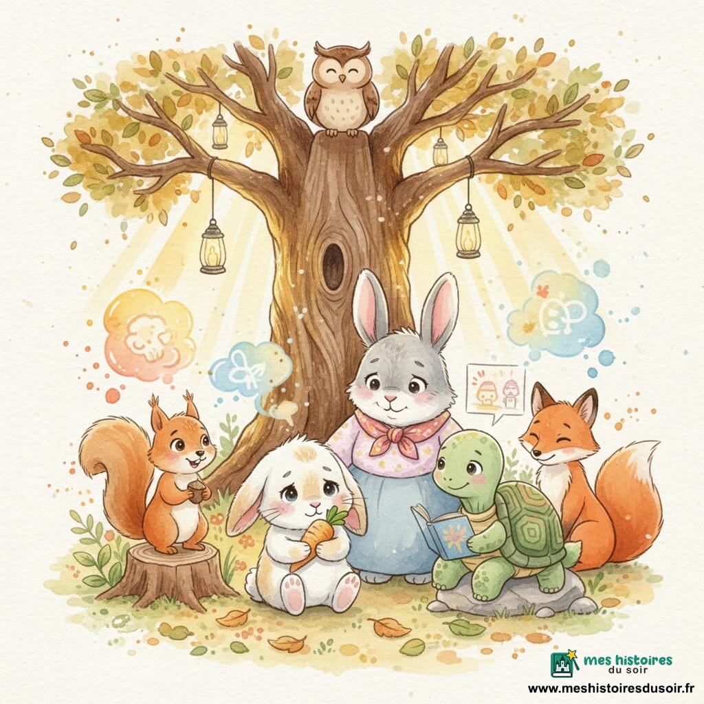 Un petit lapin blanc nommé Biscuit, taches crème, yeux brillants, serre une carotte dorée contre sa poitrine, visage triste mais apaisé; Mémé Câline, vieille lapine grise au foulard fleuri, le console en posant la main sur son épaule; Grignote l’écureuil roux sur une souche à gauche tient une noisette et écoute; Lili la tortue verte, carapace aux motifs pastel, assise sur une pierre à droite, tient un carnet de dessins; d’autres animaux (hibou, renarde) forment un cercle d’amis; lieu : clairière baignée de lumière dorée autour d’un grand chêne, tapis de feuilles et fleurs aquarellées, lanternes suspendues; scène : cérémonie de souvenirs où les animaux partagent dessins et histoires, ambiance douce et solennelle, palette chaude avec touches de bleu mélancolique, rendu aquarelle.