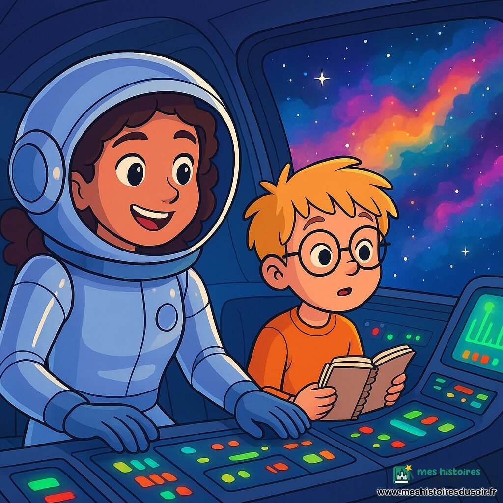 La capitaine Maïa, jeune femme aux cheveux châtains et bouclés, porte une combinaison spatiale argentée qui brille sous les étoiles. Elle sourit, concentrée sur les commandes de sa navette. À ses côtés, Léo, un garçon d'environ 10 ans avec des lunettes rondes et des cheveux blonds en bataille, observe l'écran de communication, tenant un carnet de notes. Dans le cockpit, des lumières clignotent et des écrans affichent des données colorées, créant une ambiance dynamique. La scène se déroule dans l'espace, entourée de nébuleuses multicolores et d'étoiles scintillantes, alors qu'ils explorent une nébuleuse, captivés par les couleurs vibrantes autour d'eux.