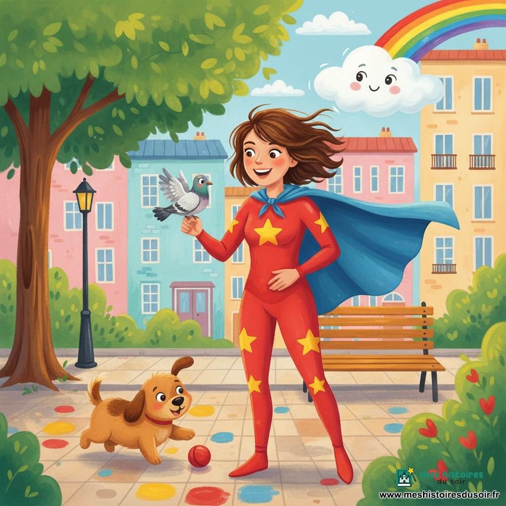 Super Zoé, femme d’environ 25 ans, rayonnante et joyeuse, cape bleue flottante, combinaison rouge à étoiles jaunes et cheveux bruns courts au vent, sourit en tenant délicatement un petit pigeon; à ses côtés un chien rond au pelage caramel retrouve sa balle rouge sous un buisson en remuant la queue; en arrière-plan un nuage blanc souriant laisse sortir un arc‑en‑ciel derrière un immeuble; lieu : rue de ville colorée aux façades pastel avec banc, buissons et grand arbre à gauche, sol pavé aux éclats de couleur; scène centrée, lumineuse et bienveillante, tons vifs et textures de gouache.