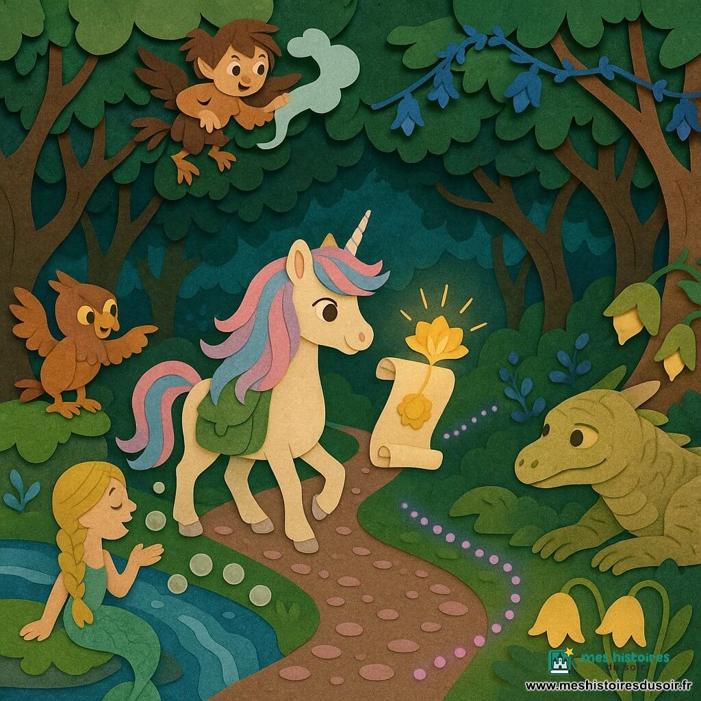 Une jeune licorne féminine au regard doux, crinière irisée rose et bleue, sabots nacrés et sacoche en velours vert trottine en tenant un parchemin lumineux ; à gauche, un petit griffon rousselé perché sur une pierre moussu indique le chemin ; une sirène blonde aux tresses, assise près d’un ruisseau de verre, chante et forme un pont de bulles ; un vieux dragon sableux, sage, repose près d’un bosquet de lampes-fleurs et la regarde bienveillant ; une harpie malicieuse tisse une écharpe de nuage au-dessus du sentier et observe le parchemin. La scène se déroule dans la forêt des Brillants — troncs torsadés, feuilles scintillantes, guirlandes de fleurs bleues chantantes et lucioles-lavande formant une voie lumineuse — tandis que la licorne avance sur un sentier pavé de pétales, le parchemin s’illumine et un petit sceau doré s’ouvre en une fleur de lumière.