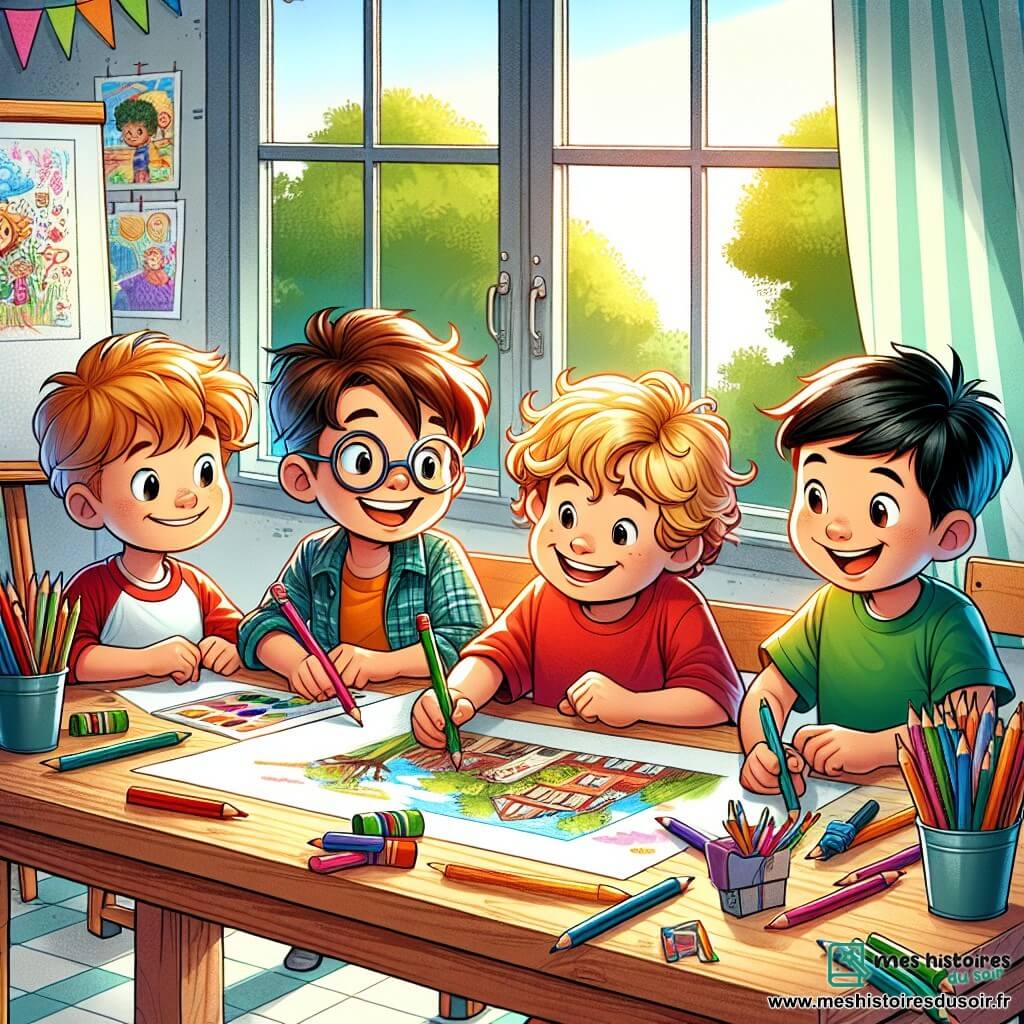 Dans une salle d'art lumineuse, quatre garçons se rassemblent autour d'une grande table en bois. Lucas, 10 ans, avec des cheveux bouclés et un t-shirt rouge, sourit en tenant un crayon de couleur. Théo, également 10 ans, aux cheveux blonds et lunettes rondes, observe attentivement le dessin. Max, 9 ans, avec des cheveux bruns et un pull bleu, est prêt à prêter ses crayons. Jules, 10 ans, avec des cheveux noirs et un t-shirt vert, ajoute des détails avec enthousiasme. La salle est inondée de lumière naturelle, les murs sont décorés de dessins colorés et des pots de crayons sont éparpillés sur la table. Les garçons collaborent pour créer un dessin pour un concours d'art, riant et s'encourageant mutuellement.