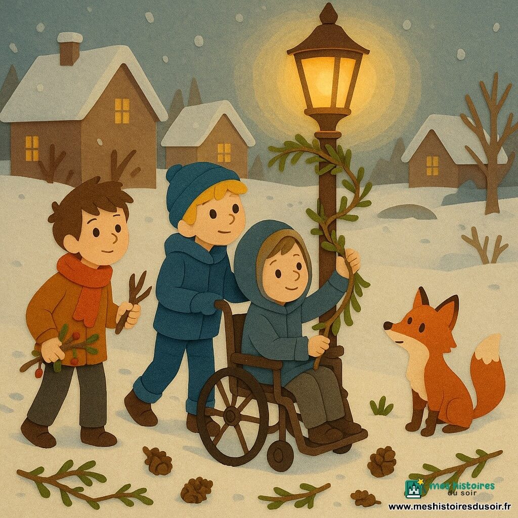 Dans une clairière enneigée du village, cinq protagonistes décorent un ancien lampadaire doré : Hugo, ~11 ans, écharpe rouge, tend une branche décorée ; Maxime, ~10 ans, manteau vert, tient un sécateur et une carte ; Théo, ~11 ans, bonnet bleu, pousse le fauteuil et ramasse des pommes de pin ; Arthur, ~10 ans en fauteuil roulant, accroche une guirlande ; et un petit renard roux observe comme pour guider la scène, sous la lumière chaude du lampadaire éclairant la neige et les maisons alentours.