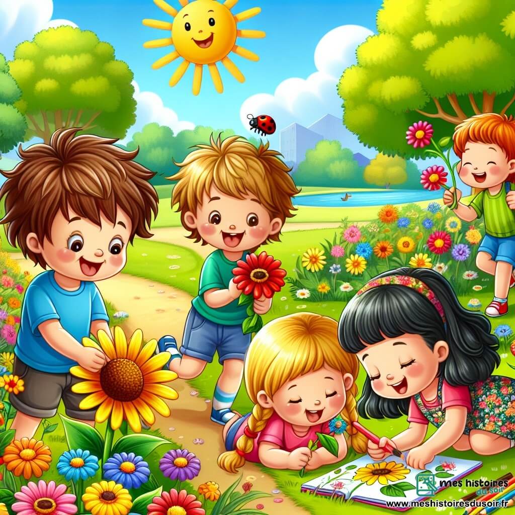 Dans un parc ensoleillé, quatre enfants jouent ensemble. Léo, 8 ans, court vers une grande fleur jaune. Mia, 7 ans, s'accroupit pour sentir une fleur rouge. Tom, 8 ans, observe une coccinelle sur une feuille, émerveillé. Chloé, 7 ans, dessine sur un carnet assise sur l'herbe, entourée de crayons colorés. Le parc est rempli de fleurs multicolores et d'arbres, avec un petit étang où sautent des grenouilles. Les enfants s'amusent à explorer les couleurs du printemps, riant et partageant leur joie.