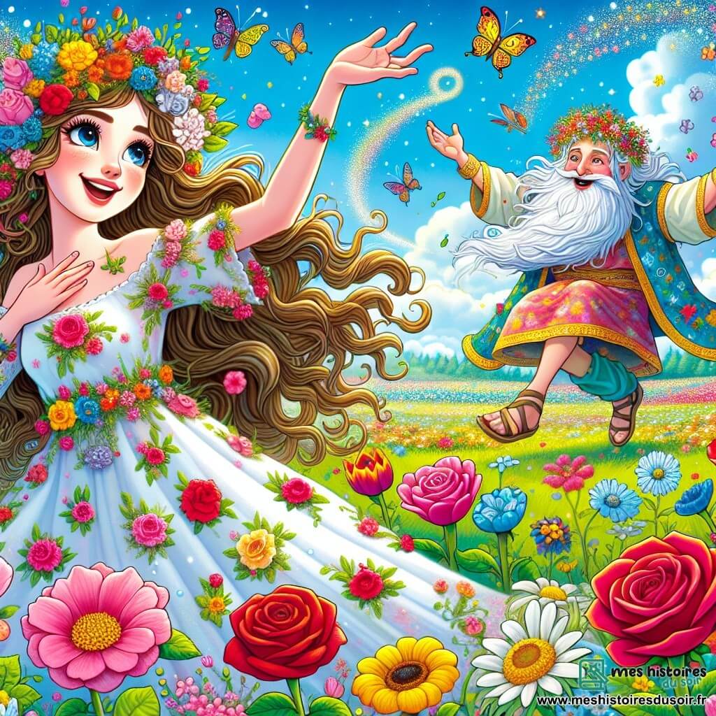 Lila, une femme aux longs cheveux châtain clair, danse joyeusement dans son jardin fleuri, vêtue d'une robe colorée à motifs floraux. À ses côtés, Goli, un dieu barbu assis sur un trône de bonbons, sourit malicieusement. Nila, la déesse des saisons, flotte légèrement, entourée de fleurs colorées. Zizi, un jeune homme aux ailes de papillon, fait des grimaces en riant. Le jardin enchanteur, rempli de roses, tulipes et marguerites, sous un ciel bleu et nuageux, crée une atmosphère magique. Lila récolte des rires d'enfants du village qui dansent autour d'elle, apportant joie et bonheur.