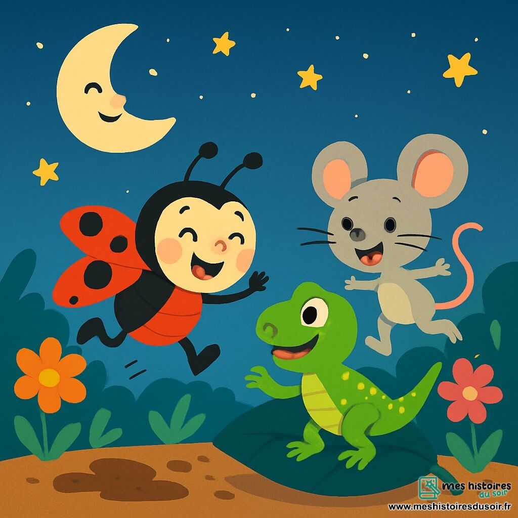Lili, une coccinelle aux ailes rouges à pois noirs, vole joyeusement. À ses côtés, Léon le lézard, vert et scintillant, est prêt à s'élancer, avec un grand sourire. Zoé la souris, grise et aux grandes oreilles, saute avec enthousiasme juste derrière. Ils se trouvent dans un jardin nocturne illuminé par la lune, avec des fleurs colorées. La scène principale montre Lili, Léon et Zoé en pleine course, riant et s'amusant, entourés de boue, créant une ambiance joyeuse.