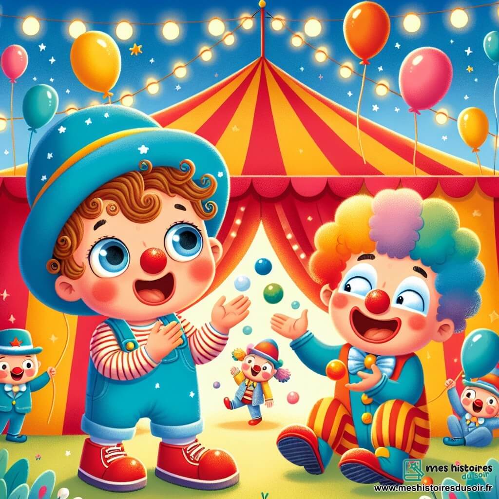 Léo, un petit garçon de 2 ans aux cheveux bouclés et joues roses, porte un chapeau bleu et des chaussures rouges qui font pouet-pouet. Émerveillé, il applaudit avec enthousiasme. À ses côtés, un clown joyeux au nez rouge et aux cheveux multicolores jongle avec des balles colorées. En arrière-plan, une tente de cirque rayée rouge et jaune se dresse sous un ciel bleu, entourée de lumières scintillantes et de ballons. Léo est au cœur de l'excitation du cirque, riant et applaudissant devant le clown.