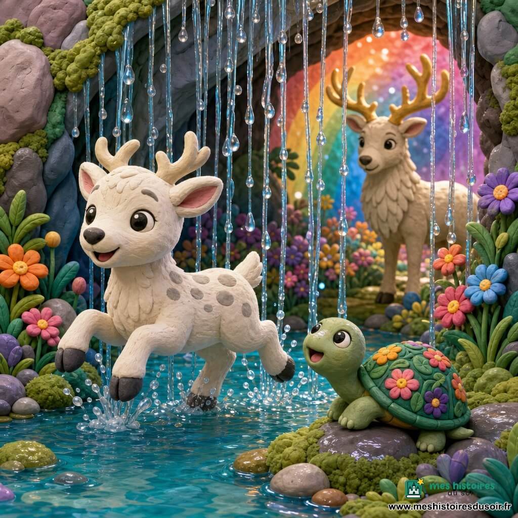 Un jeune renne nommé Étoile, pelage crème tacheté de gris pâle et yeux noirs brillants, bondit à travers une fine cascade scintillante ; derrière lui, la petite tortue Fleur, carapace verte à motifs floraux, attend sur une pierre mouillée, tandis qu’un vieux cerf aux bois dorés, sage et bienveillant, se tient dans un jardin caché derrière le rideau d’eau éclairé par des lueurs arc‑en‑ciel ; la clairière secrète montre un tapis de mousse émeraude, fleurs vives en demi‑cercle autour d’un bassin miroir, gouttes perlant comme des perles et une atmosphère douce et magique, l’eau ruisselant en traînées colorées et des textures de pâte à modeler aux empreintes de doigts visibles.