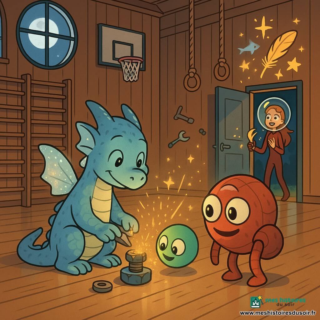 Un petit dragon bleu au visage doux est assis au centre, tenant un morceau de métal qu’il pose sur un boulon rouillé ; à ses côtés roule Pof, une bille lumineuse verte aux yeux malicieux qui souffle de la poussière dorée sur la réparation ; devant lui, Zik, un petit extraterrestre rond et rouge à trois yeux et carapace cabossée, incline son corps en signe de gratitude ; dans l’embrasure d’une porte ouverte, Nima, silhouette élancée au casque transparent et cheveux flottants, tient une plume rieuse et regarde émerveillée ; la scène se déroule dans un grand gymnase en bois aux larges fenêtres laissant entrer la lune argentée, avec des instruments flottants et images lumineuses formant étoiles et poissons, ambiance chaleureuse, calme et magique aux couleurs douces et éclairages de lune argentée et poussière dorée.