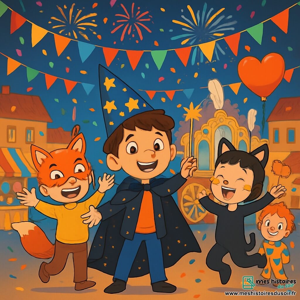 Quatre enfants sont présents : Léo, un garçon de 9 ans avec des cheveux bruns en bataille, un grand chapeau pointu décoré d’étoiles dorées, une cape noire scintillante et une baguette magique, se tient au centre, souriant les bras ouverts. Tom, également âgé de 9 ans, a des cheveux blonds, un masque de renard et des oreilles en feutre, il est à gauche de Léo, riant et levant les bras. Clara, 8 ans, déguisée en chat avec des oreilles en feutre et un costume noir, est à droite de Léo, en train de sauter joyeusement. Jules, 9 ans, en clown triste avec un nez rouge et un costume coloré, se tient derrière Clara, souriant timidement avec un ballon en forme de cœur. L'action se déroule sur une grande place du village, décorée de guirlandes et de fanions, avec des stands de bonbons et des jeux en arrière-plan, un char scintillant au centre, entouré de confettis. Les enfants dansent et rient, illuminés par des feux d'artifice, leurs visages rayonnant de joie, capturant l'esprit festif du carnaval.