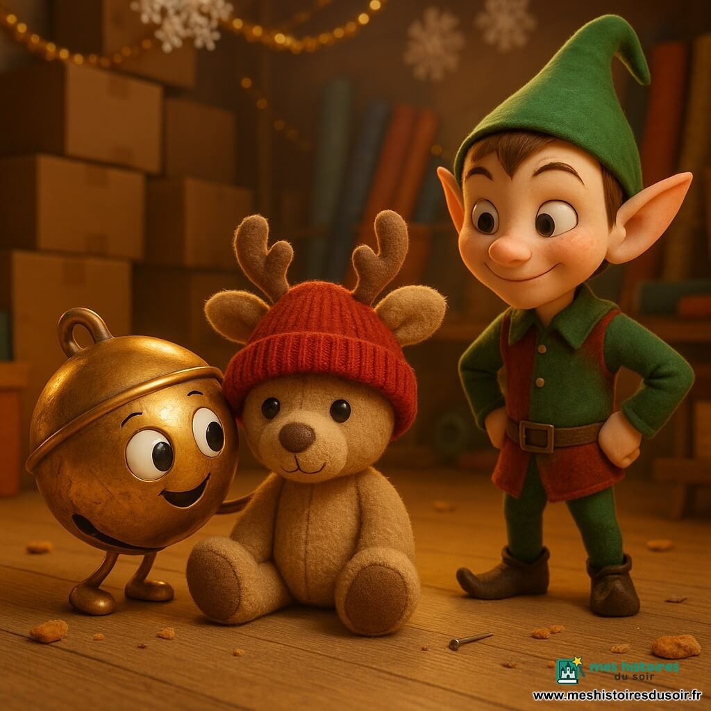 Diling, petit grelot de cuivre rond et brillant aux yeux peints et sourire malicieux, roule et pose délicatement un bonnet rouge tricoté sur une peluche de renne assise à la fourrure feutrée beige et au nez brun mat, visiblement émue ; Friponfroi, lutin farceur au visage pâle, taches de rousseur et bonnet vert pointu, se tient à droite, mains sur les hanches et sourire admiratif ; décor : atelier du Père Noël avec boîtes empilées, guirlandes dorées, rouleaux de tissu, flocons en papier, lumière chaude orange et reflets argentés, sol en bois jonché de miettes et petits outils ; ambiance cosy, couleurs chaudes, composition centrée sur les trois personnages.