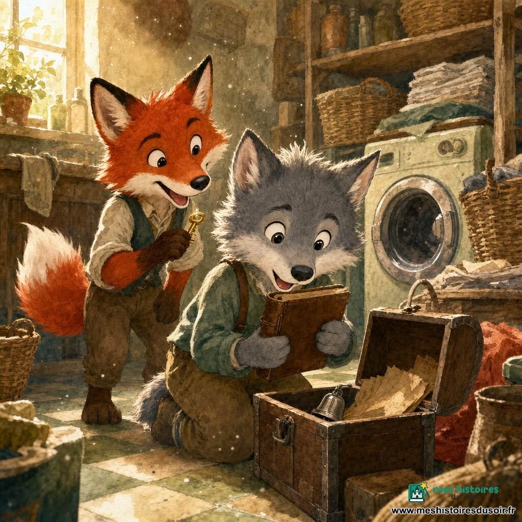 Léo, petit loup anthropomorphe au pelage gris et touches blanches, yeux ronds émerveillés, est accroupi devant un coffre en bois entrouvert en tenant contre sa poitrine un carnet en cuir brun, tandis que Félix, renard roux au sourire malicieux, se tient légèrement derrière à gauche en brandissant une petite clé dorée et regardant le carnet; la buanderie chaleureuse et encombrée, avec étagères en bois, paniers en osier, une vieille machine à laver ronde et carrelage en damier vert pâle, baigne dans une lumière jaune douce et poussiéreuse; du coffre émergent des feuilles jaunies et une petite cloche argentée, la poussière flottante et la palette aquarelle douce (ocres, verts tendres, roux lumineux, gris ardoise) renforcent l'ambiance intime et complice de découverte.