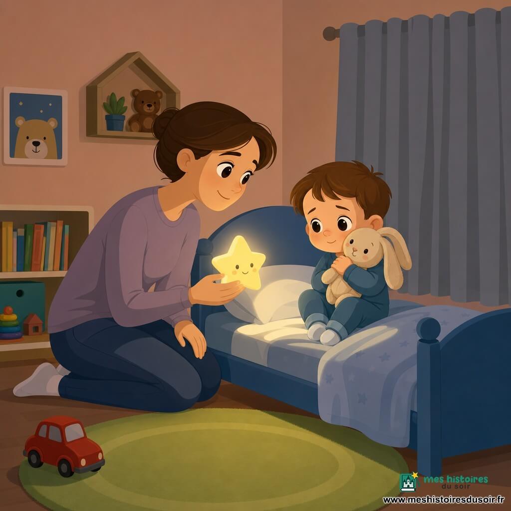 Garçon de 2 ans, timide mais rassuré, visage rond, cheveux châtain courts, grands yeux brillants, serrant contre sa joue un doudou lapin beige en tissu pelucheux aux longues oreilles, assis sur un petit lit bleu; la maman (environ 30 ans) au visage doux, cheveux bruns en chignon, sourire calme, se penche à gauche du lit en tenant dans la main droite une veilleuse étoile jaune qui projette un cercle lumineux doux sur le lit et des ombres très douces; chambre petite et cosy, murs pêche clair, rideaux gris fermés, tapis rond vert, étagère basse avec quelques livres colorés et une petite voiture rouge au sol; situation nocturne de réconfort, atmosphère calme, tendre et sûre; style graphique : formes simples, couleurs plates et contrastées, contours doux, expressions exagérées et lisibles pour un enfant de 2 ans.