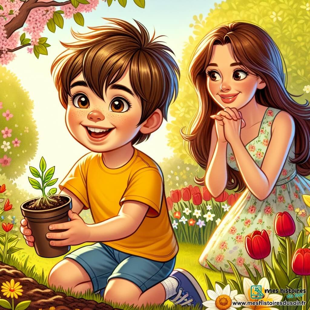 Un garçon de 4 ans, Lucas, avec des cheveux bruns en bataille et des yeux pétillants, est accroupi dans un jardin ensoleillé, tenant un petit pot de terre avec une pousse verte. Il porte un t-shirt jaune vif et un short bleu, souriant d'excitation. À côté de lui, sa maman, une femme d'environ 30 ans avec de longs cheveux châtains et un sourire chaleureux, l'observe avec fierté, portant une robe légère à fleurs. Le jardin est rempli de fleurs colorées, avec des tulipes rouges, des jonquilles jaunes et des marguerites blanches. Lucas, déterminé et joyeux, plante une graine dans son pot, tandis que sa maman l'encourage, créant une atmosphère de bonheur printanier.