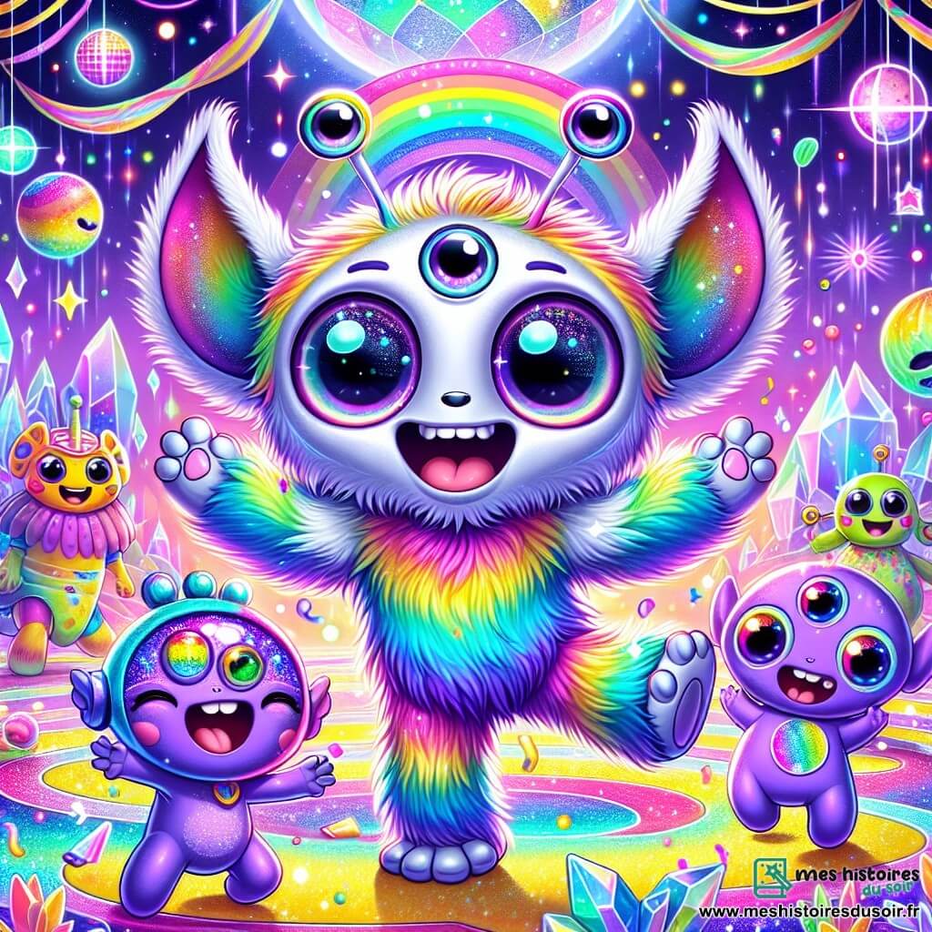 Illustration d'un petit extraterrestre aux grandes oreilles, recouvert de poils colorés comme un arc-en-ciel, exprimant une immense joie en dansant lors d'une fête intergalactique. À ses côtés, un extraterrestre violet à trois yeux sourit en faisant des pirouettes, ajoutant à l'ambiance joyeuse. Le décor est une planète colorée avec des forêts de cristal sous un ciel étoilé et des rivières de limonade. Des Zéliniens aux formes étranges dansent autour d'eux, tandis que des bulles et des étoiles scintillantes flottent dans l'air. Des instruments de musique colorés et des confettis créent une atmosphère festive.
