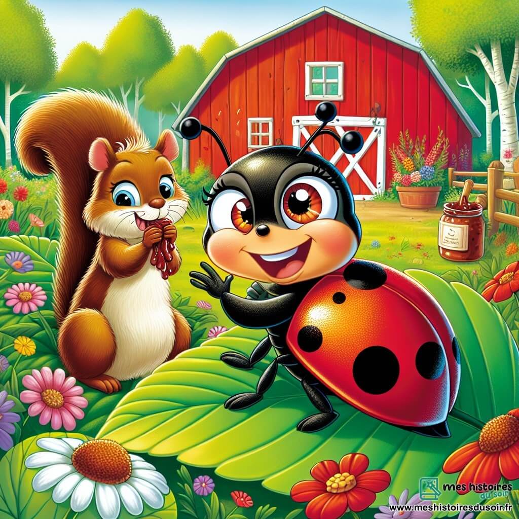 Une coccinelle nommée Lili, avec des ailes rouges et des taches noires, est curieuse et souriante, perchée sur une feuille verte, prête à résoudre le mystère d'un pot de confiture disparu. À côté d'elle, un écureuil aux poils bruns lèche des restes de confiture sur ses pattes, affichant une expression coupable mais joyeuse. En arrière-plan, une grange rouge entourée de fleurs et d'arbres crée une ambiance chaleureuse. La scène montre Lili et l'écureuil découvrant le pot de confiture, avec des éclats de rire et des éclaboussures de confiture, ajoutant une touche de magie à leur aventure.