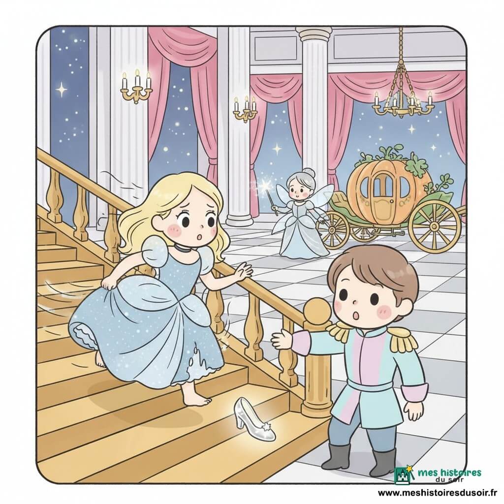 Cendrillon, jeune fille émue et pressée, court pieds nus en laissant tomber une pantoufle de verre brillante sur un grand escalier doré, sa robe bleu pâle scintillante commençant à se transformer en haillons ; le prince d’environ 22 ans, surpris, tend la main depuis le bas de l’escalier ; la marraine-fée, femme d’environ 40 ans, petite et lumineuse, s’éloigne près d’un carrosse redevenant citrouille tandis que la magie argentée pâlit ; le palais est une vaste salle de bal à colonnes blanches, rideaux en velours rose, lustres dorés et sol en damier — fuite nocturne à minuit, mouvement rapide et contraste entre la magie qui s’efface et la pantoufle immobile et lumineuse.