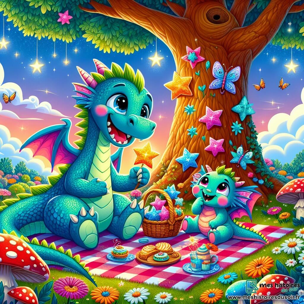 Plume, un petit dragon aux écailles turquoise et aux joues roses, est assis sur une nappe à carreaux sous un grand chêne, tenant un panier de gâteaux étoilés, entouré de fleurs en forme d’étoile. À ses côtés, Papa dragon, un grand dragon aux écailles vertes, sourit tendrement en portant des pantoufles rayées rouges. Ils sont dans un jardin enchanteur, rempli de fleurs colorées et de papillons, partageant un pique-nique magique sous le soleil couchant.