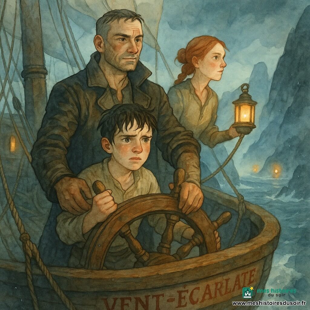 Noé, environ 15 ans, visage rond, mèche brune en bataille et cheveux mouillés, tient fermement la grande roue de bois du navire Vent-Écarlate, corps penché en avant, expression déterminée mais troublée; derrière lui Maël, ~45 ans, capitaine au teint bronzé, cicatrice au sourcil gauche et manteau de cuir sombre, main légèrement posée sur celle du garçon, regard calme et protecteur; Lira, ~28 ans, cheveux roux tressés, vigie attentive sur la proue tenant une petite lanterne, prête à donner l’alerte. Le pont de bois usé, cordages humides et voiles gonflées traversent une passe étroite entre rochers noirs dentelés, eau écumeuse et brume bleutée sous un ciel orageux; tension visuelle, lanternes ennemies floues au loin, lumière contrastée (lanternes chaudes contre brume froide) et palette aquarelle de bleus profonds, verts marins et touches d’ocre pour le bois et la peau.