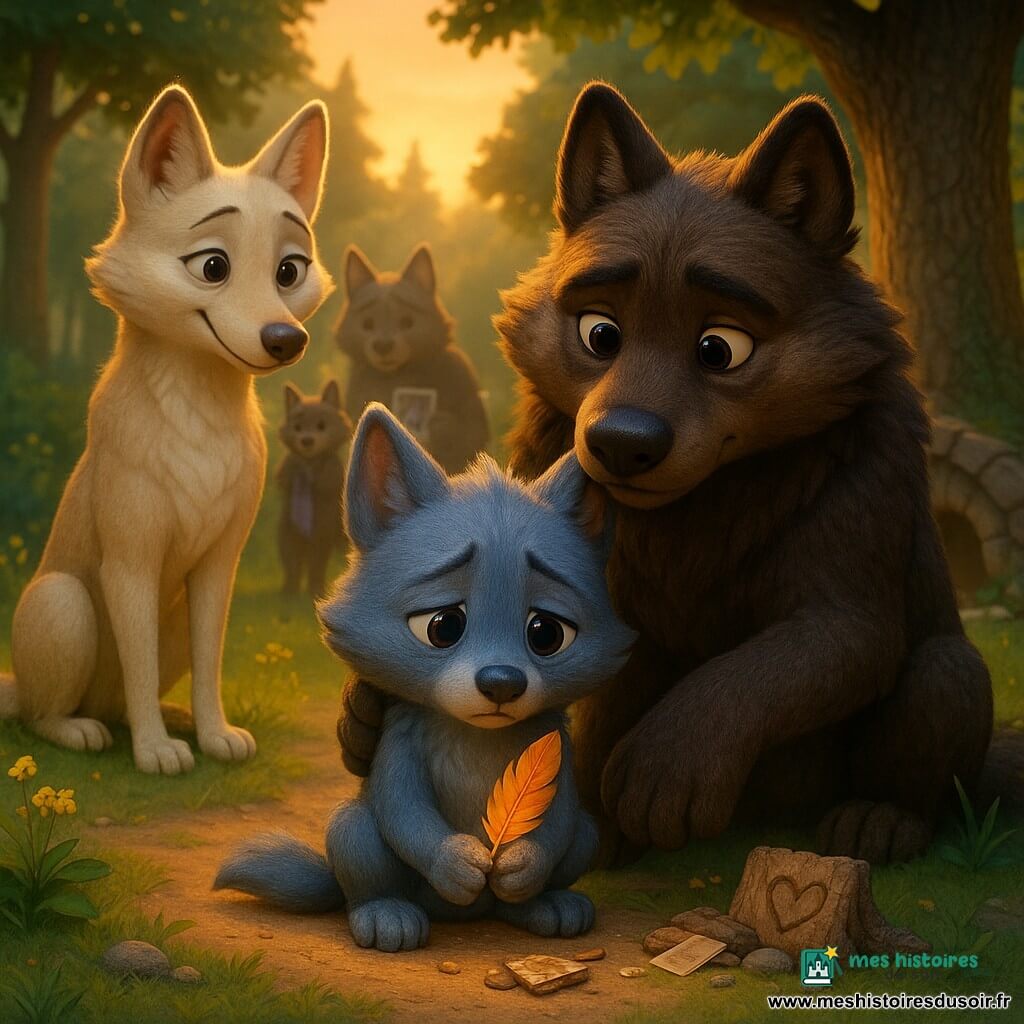 Loupi, petit louveteau au pelage gris-bleu doux et regard mélancolique mais serein, assis et tenant délicatement une plume orange ; Papa Loup, grand et robuste au pelage brun foncé, accroupi derrière lui avec une patte sur son épaule ; Maman Louve, élancée au pelage crème, sourit faiblement les yeux humides à gauche ; en arrière-plan, silhouettes familiales floues tenant quelques objets (foulard, photo) affichant tristesse apaisée ; lieu : clairière au bord d’une forêt, herbe et fleurs sauvages, grand chêne à droite et tanière en pierre et bois derrière, lumière dorée du coucher de soleil et longues ombres ; situation : moment de partage après un départ, Loupi montre la plume posée sur une petite pile de souvenirs près d’une écorce avec un cœur, atmosphère chaleureuse, style film d’animation 3D aux couleurs saturées et textures pelucheuses, composition centrée sur Loupi et la plume.