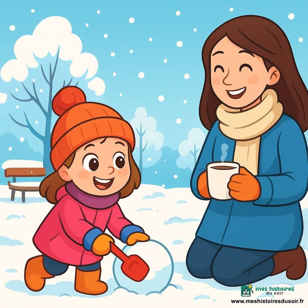 Une petite fille de 4 ans, Léa, joue dans la neige. Elle porte un manteau rose vif, un bonnet à pompon et des gants colorés. Ses joues sont rosies par le froid et elle semble joyeuse. À côté d'elle, sa maman, d'environ 30 ans, observe sa fille en riant, vêtue d'un manteau bleu et tenant une tasse de chocolat chaud. Le parc hivernal est rempli d'arbres couverts de neige et de flocons tombant du ciel bleu clair. Léa construit une boule de neige, riant et s'amusant, tandis que sa maman l'encourage.