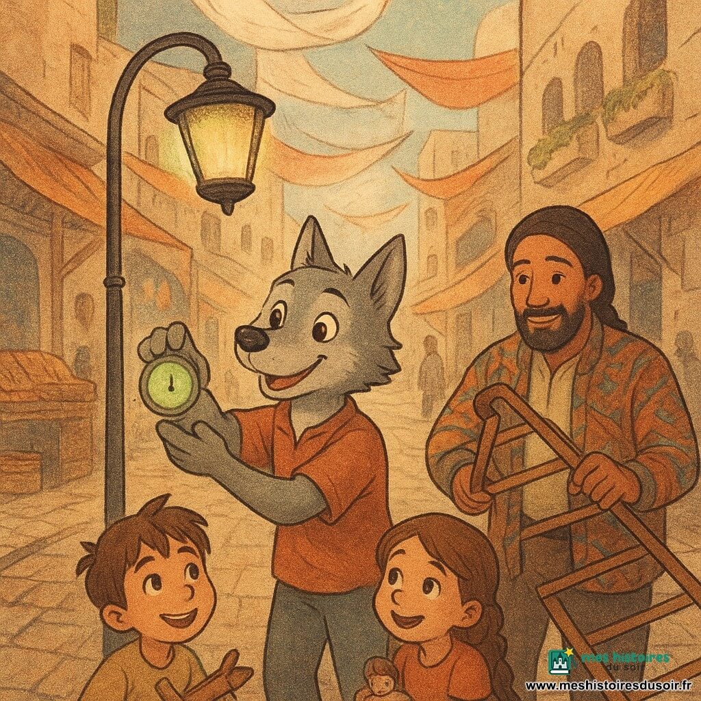 Léo, petit loup anthropomorphe gris clair aux yeux noisette, souriant et courageux, place un petit minuteur rond à lueur verte sur un lampadaire vacillant; Mira, chercheuse d'âge moyen aux cheveux tressés, observe sereinement la scène la main sur une table en bois; Kadu, grand vendeur de tissus barbu en veste colorée, tend une échelle vers le lampadaire; deux enfants rieurs tenant des jouets en bois s'accroupissent au pied de Léo. Le marché urbain d'une cité futuriste du désert, avec allées pavées, étals patinés, murs pâles, jardins suspendus et voiles flottantes, voit la brise onduler les voiles tandis que le minuteur stabilise l'éclairage; ambiance en couleurs chaudes pastel, textures papier, grain léger et lumière douce.