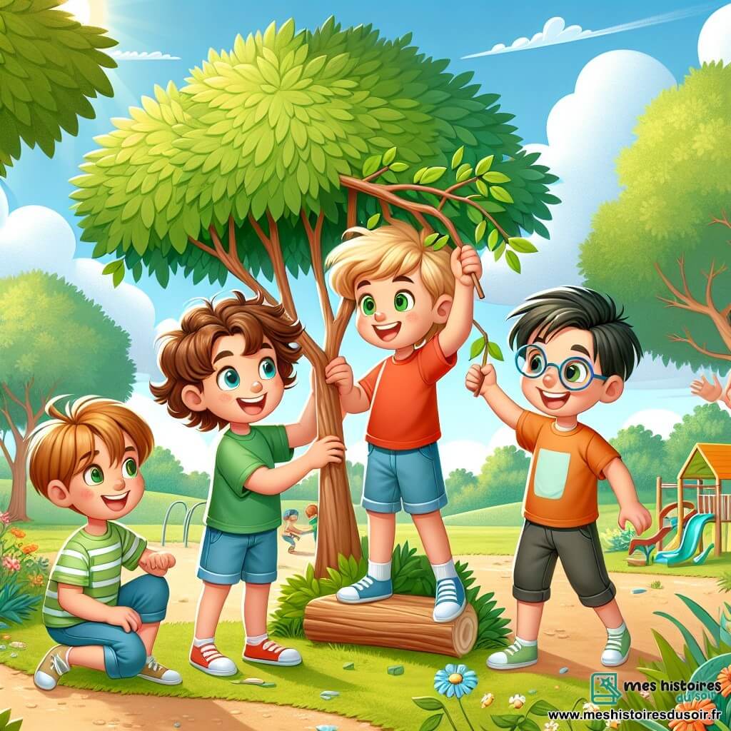 Dans un parc ensoleillé, quatre garçons de 10 ans, Lucas, Tom, Max et Sam, se regroupent pour construire une cabane avec des branches et des feuilles. Lucas, aux cheveux bruns et bouclés, sourit avec un t-shirt rouge et un short bleu. Tom, blond et pétillant, rit avec un t-shirt vert et un pantalon beige. Max, châtain et portant des lunettes, est concentré en t-shirt orange et short noir. Sam, aux cheveux noirs et lisses, est excité avec un t-shirt bleu clair et un short rouge. Le parc est verdoyant, avec des fleurs colorées et un ciel bleu clair. Les garçons s'amusent, illustrant l'importance de jouer dehors et de profiter de leur amitié.