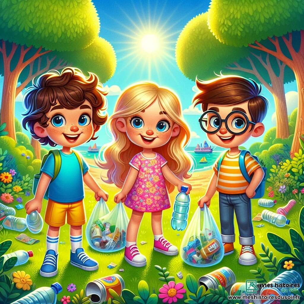 Léo, un garçon de 6 ans aux cheveux bruns et bouclés, sourit joyeusement en tenant une bouteille en plastique dans ses mains. Il porte un t-shirt bleu et un short jaune. À ses côtés, Mia, une fille de 6 ans aux cheveux longs et blonds en robe rose à fleurs, lève les bras en montrant un sachet en plastique trouvé. Hugo, un autre garçon de 6 ans aux cheveux châtains et lunettes rondes, tient une canette vide et sourit fièrement. Le parc est verdoyant avec des arbres et des fleurs colorées, et les enfants ramassent des déchets pour nettoyer l'endroit, riant et s'encourageant mutuellement.