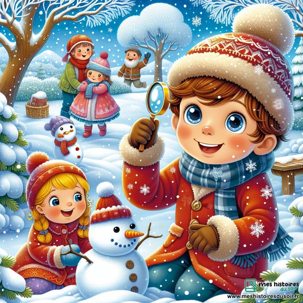 Thomas, un garçon de 9 ans aux cheveux châtains et aux yeux curieux, est accroupi dans la neige avec une loupe pour observer des flocons. Il porte un manteau rouge, un bonnet en laine et des gants bleus, souriant émerveillé. À ses côtés, sa sœur Emma, 6 ans, avec des cheveux blonds en tresses, construit un bonhomme de neige en ajoutant une carotte pour le nez. En arrière-plan, leur père souriant, avec une barbe brune, les observe en riant, prêt à lancer une boule de neige. La scène se déroule dans un jardin enneigé, avec des arbres recouverts de givre et un sol blanc, créant une atmosphère magique. Thomas et Emma découvrent les merveilles de l'hiver, encouragés par leur père.