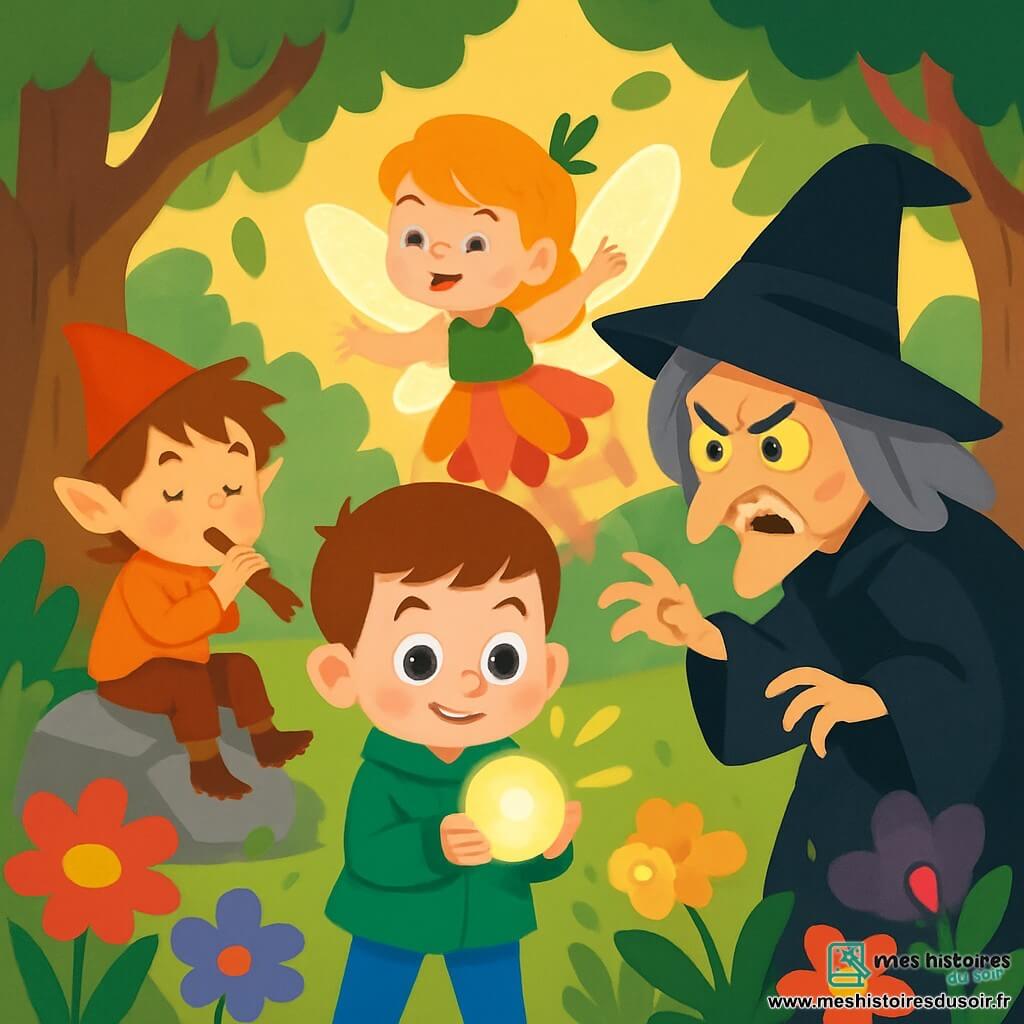 Petit Hugo, un garçon de six ans aux grands yeux ronds et au sourire courageux, porte un manteau vert vif et serre une perle magique dans ses mains, son visage rayonnant de détermination. À ses côtés, une fée aux ailes scintillantes danse joyeusement, avec des cheveux dorés et une robe de pétales de fleurs colorées. Un lutin espiègle de sept ans, portant un chapeau pointu et ayant des cheveux ébouriffés, joue de la flûte assis sur une pierre. La scène se déroule dans un jardin féerique rempli de fleurs éclatantes et de grands arbres, avec des rayons de soleil filtrant à travers les feuilles. Petit Hugo est déterminé à protéger la perle magique de la sorcière Grise, qui s'approche avec un regard menaçant, tandis que les fées et les lutins l'entourent, prêts à l'aider.