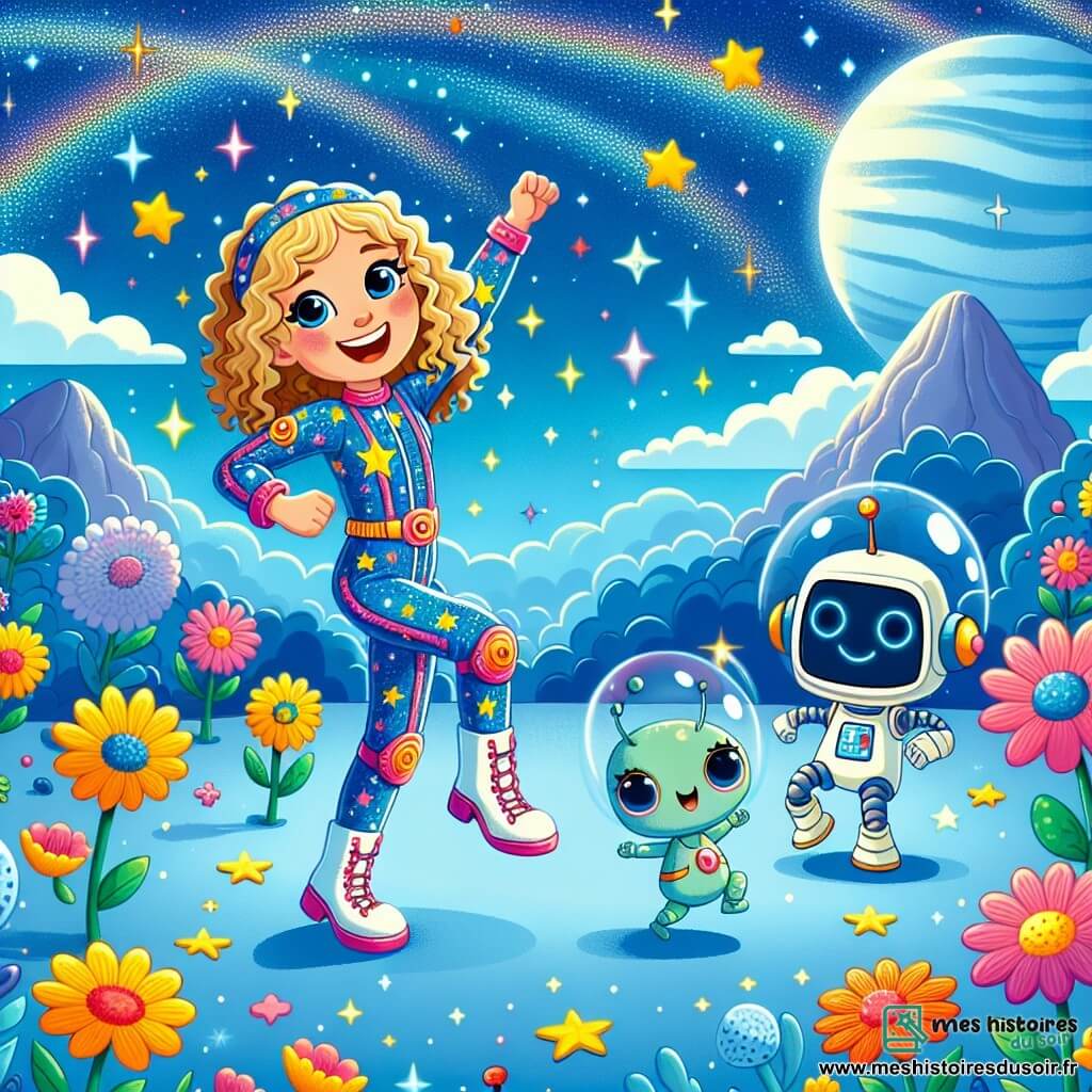 Au centre de l'image, Stella, une jeune femme aux cheveux blonds et bouclés, porte une combinaison spatiale colorée avec des motifs d'étoiles et sourit joyeusement en dansant avec ses amis. À sa droite, Bipo, un robot amical, danse avec des mouvements joyeux. À gauche, Zizi, un petit alien vert, saute de joie. Le décor est une planète bleue avec des fleurs multicolores, sous un ciel étoilé. La scène montre Stella, Bipo et Zizi célébrant leur amitié et leur aventure, entourés de nouveaux amis extraterrestres.