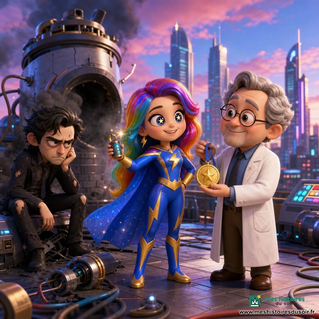 Super Lulu, souriante et résolue, cheveux arc-en-ciel et cape bleue, a désactivé un boîtier étincelant sur le toit d’un laboratoire high-tech ; à sa droite, le bienveillant Dr. Ordo, lunettes et blouse blanche, tient une médaille en signe de gratitude, et à gauche, le Dr. Obscur, silhouette maigre en costume sombre déchiré, assis près d’une console brisée avec de la fumée noire ; la machine cylindrique fume et clignote, la scène lumineuse et colorée évoque un style jouet 3D rond et mignon, la ville de verre apparaît au loin sous un ciel crépusculaire.
